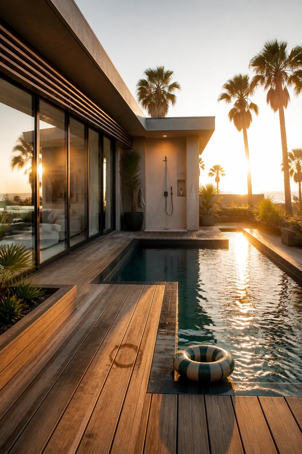 A modern house exterior with a rectangular pool bordered by wide wooden decking, an outdoor shower mounted on a concrete wall, and a striped pool float resting at the edge.