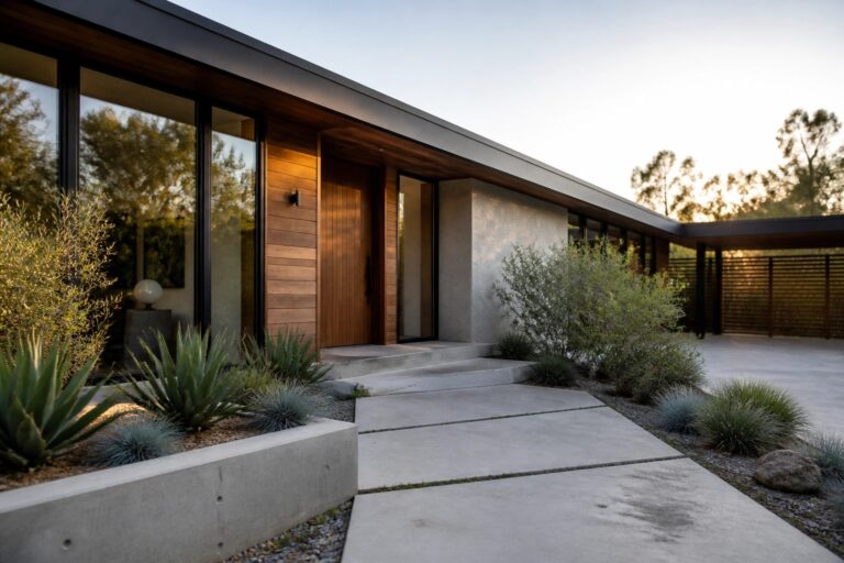 23 Mid-Century Modern House Exterior Ideas Inspired by Iconic Architecture A modern house exterior featuring vertical wood siding beside a glass door marked 3728, a concrete walkway, and low concrete planters with agave and grasses.
