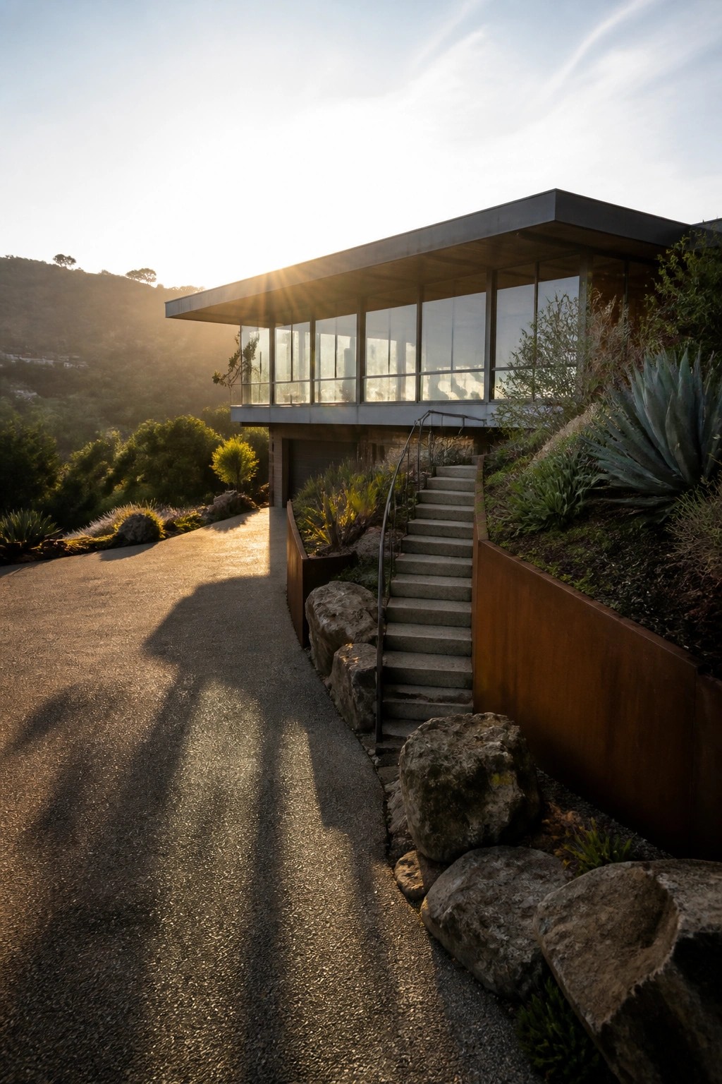 Mid-century modern house with a flat overhanging roof, large glass windows on the upper level, and concrete stairs next to a driveway on a hillside.