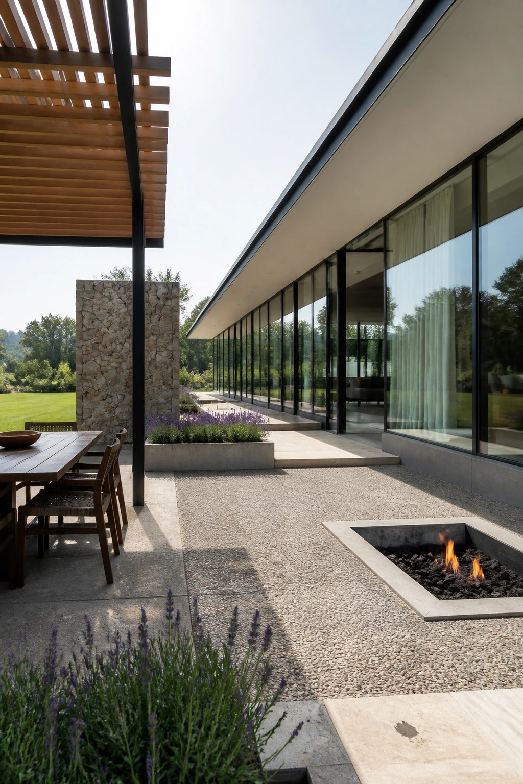 A modern house exterior with floor-to-ceiling glass windows overlooks a gravel patio that includes a square concrete fire pit, a wooden dining table under a slatted overhang, and lavender plants along the edge.
