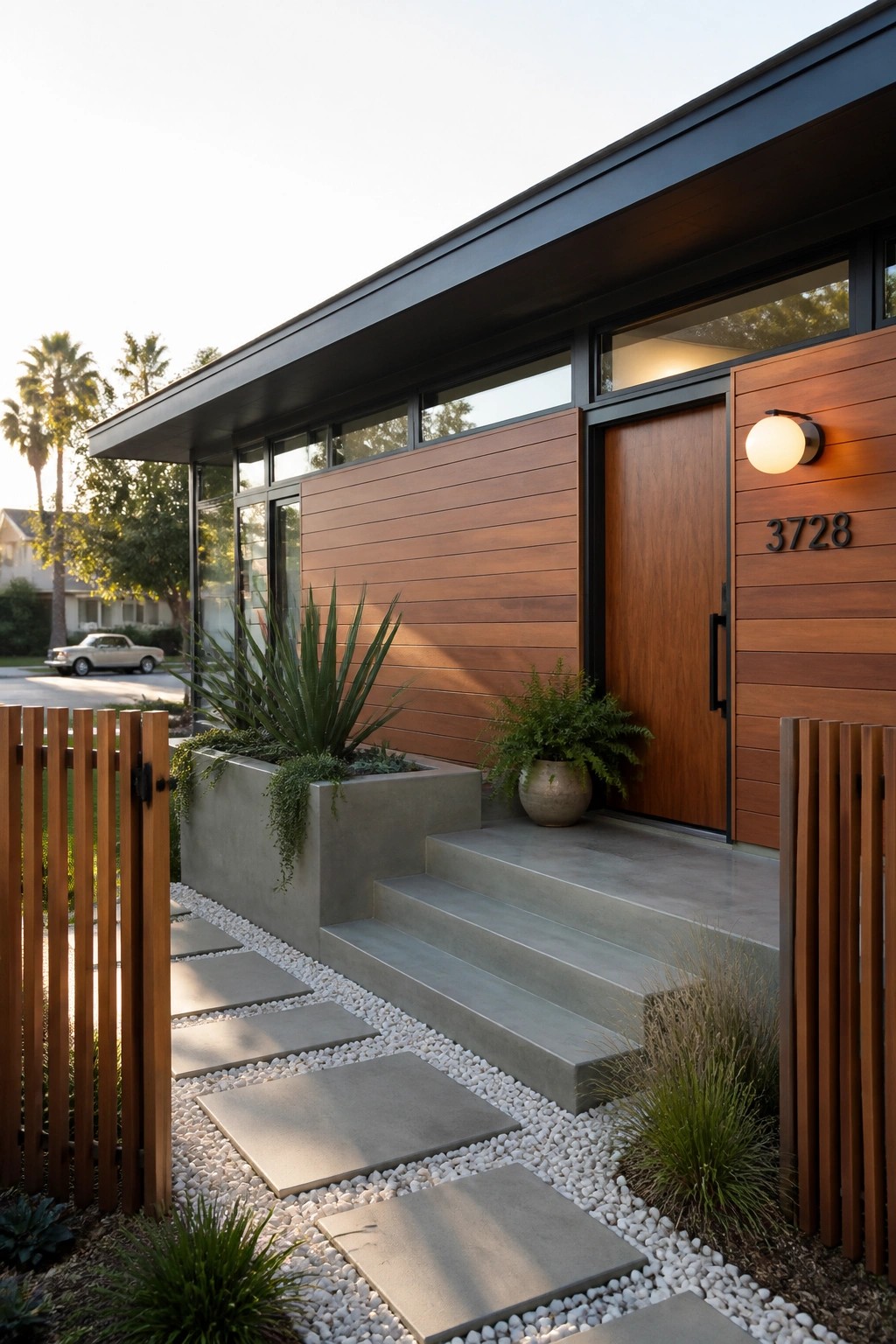 A mid-century modern house front entry shows horizontal wood siding, a wooden door with a round light, concrete steps and planters, and a pathway of stepping stones over white gravel.