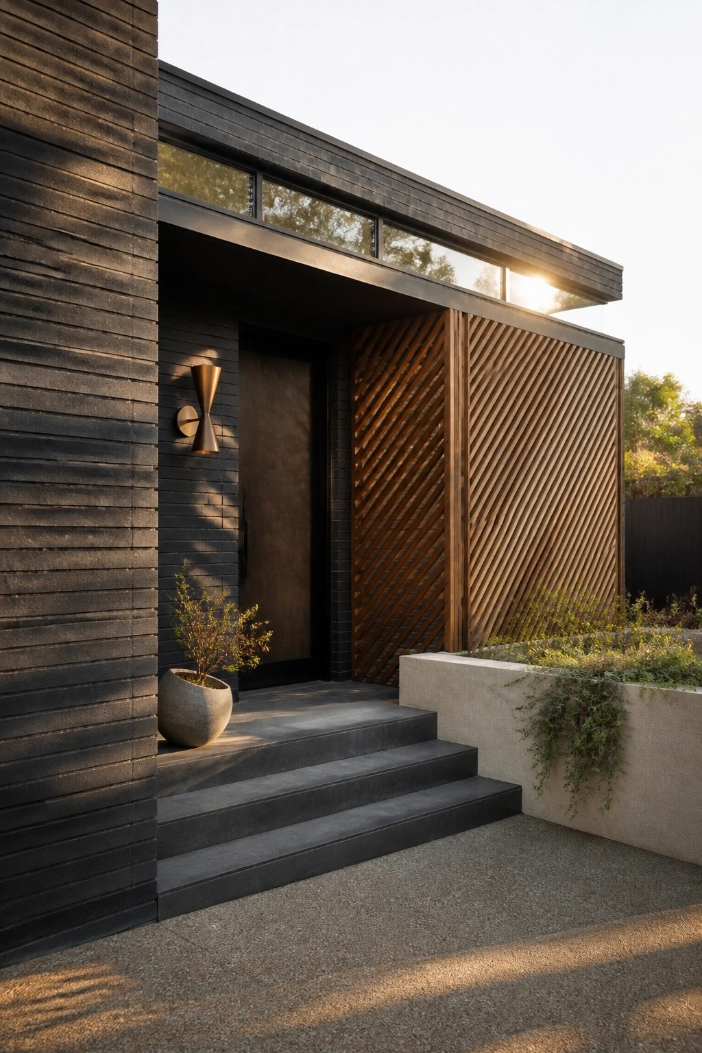Modern house exterior featuring dark horizontal siding, a dark front door with steps, a bronze wall sconce, and adjacent vertical wood slat screens.