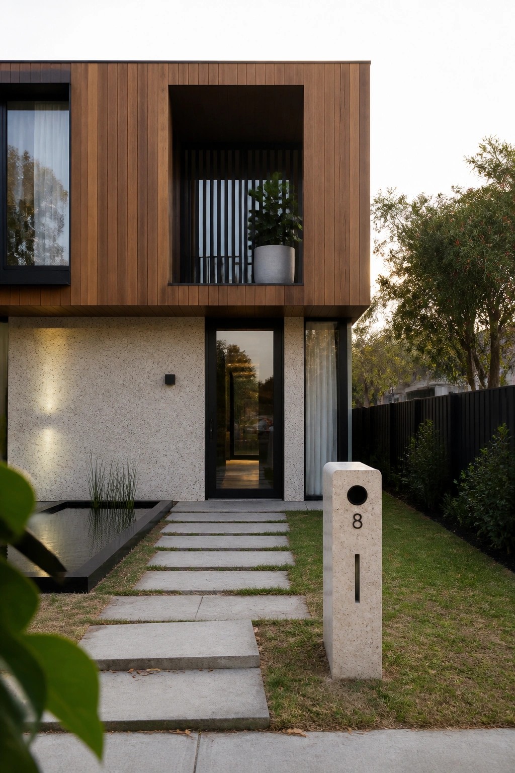 Modern house with wood facade, concrete path, water feature, and stone pillar marked 8.