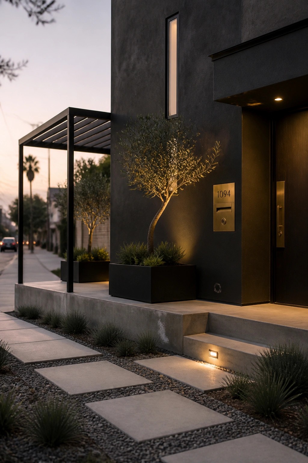 A modern dark house exterior at dusk showing concrete pavers set in gravel leading to illuminated steps, a raised planter with a tree, and a dark front door with a brass mailbox.