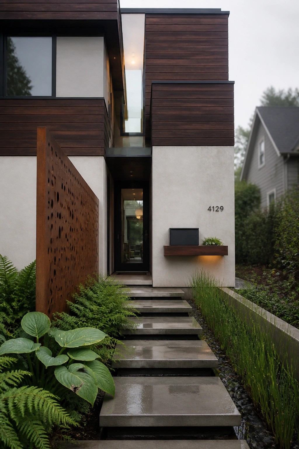 Modern house entrance with wet concrete steps, dark wood siding, and rusted screen