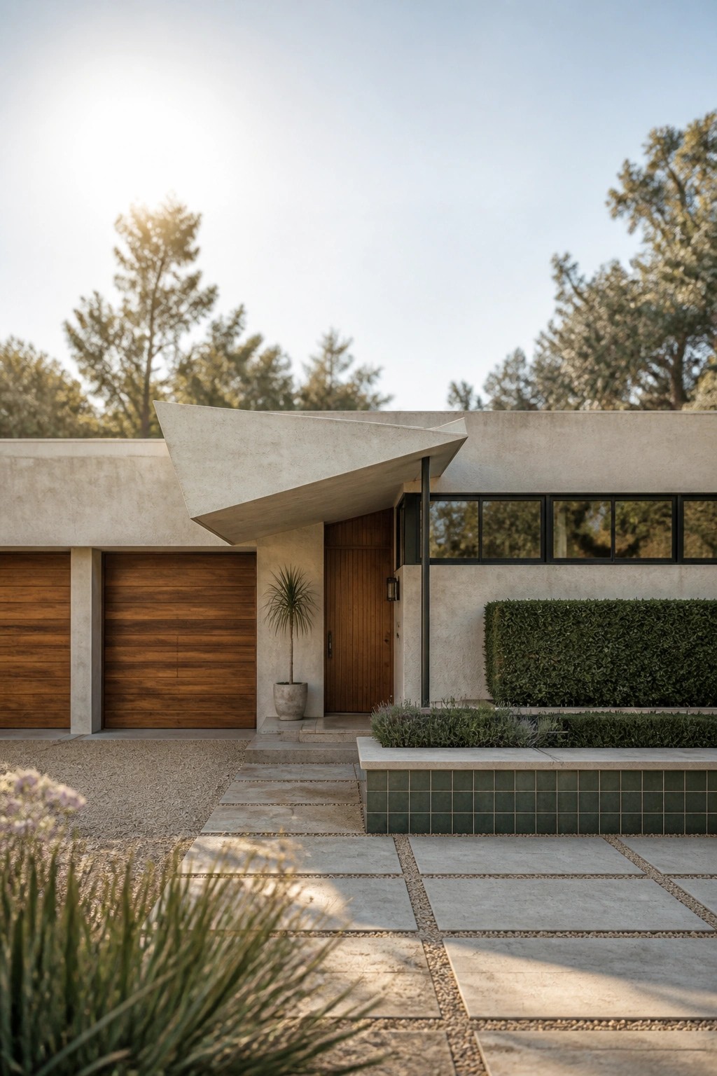 A mid-century modern house exterior featuring a large angled concrete cantilever over a wooden front door, with wooden garage doors to the left and a low tiled planter in the foreground.
