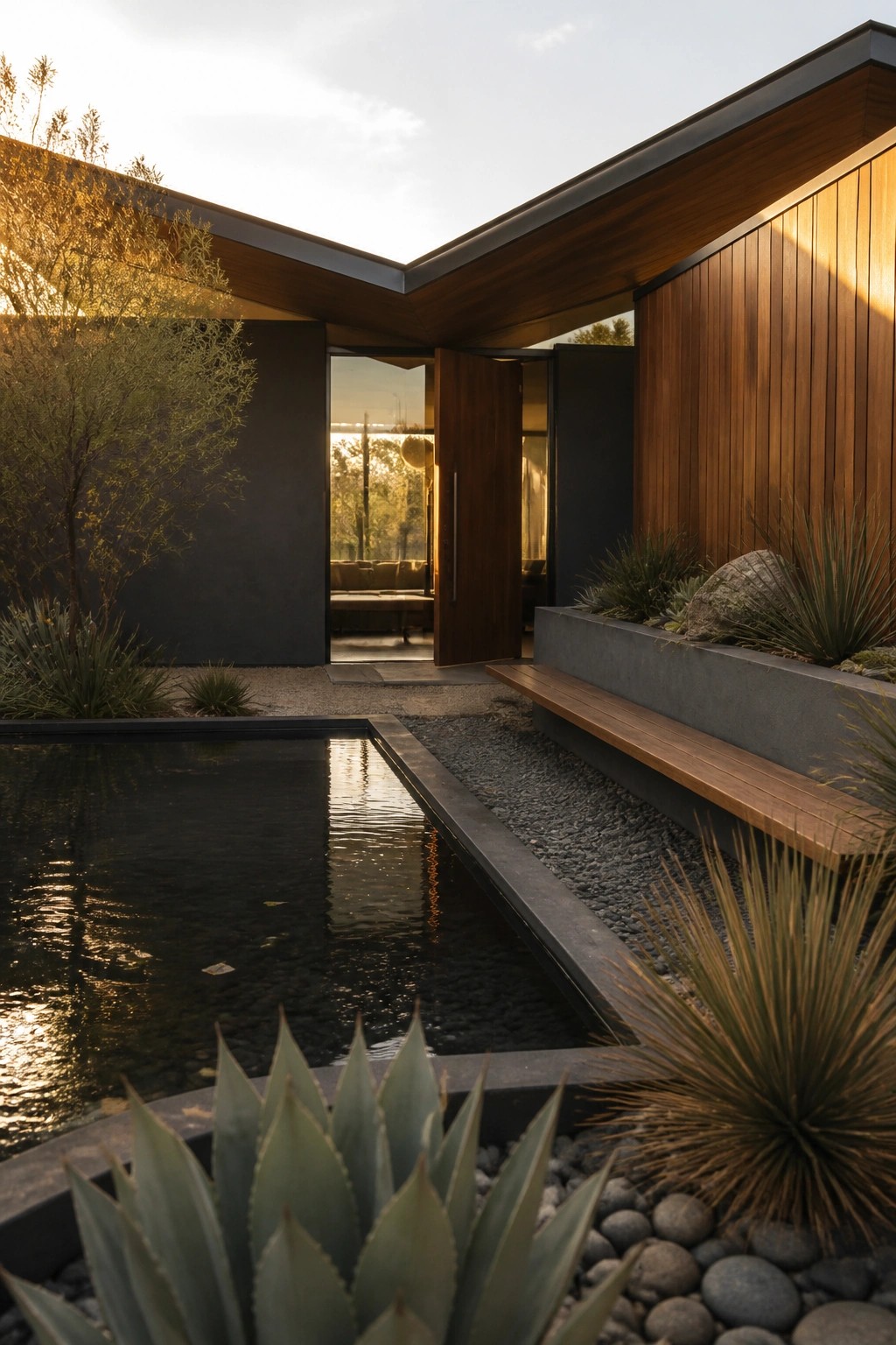 Modern courtyard with reflecting pool, agave plants, wooden bench, and open doors at sunset.