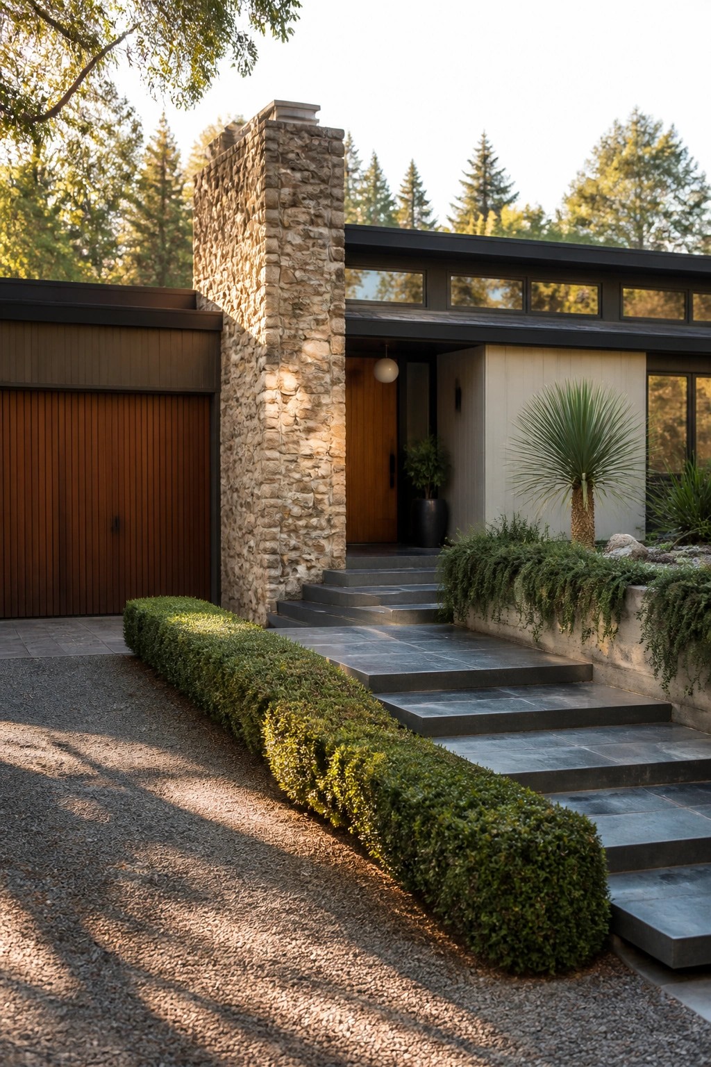 A mid-century modern house exterior with a tall stone chimney next to a wooden entry door, dark steps, gravel driveway, and low green hedges along the front.