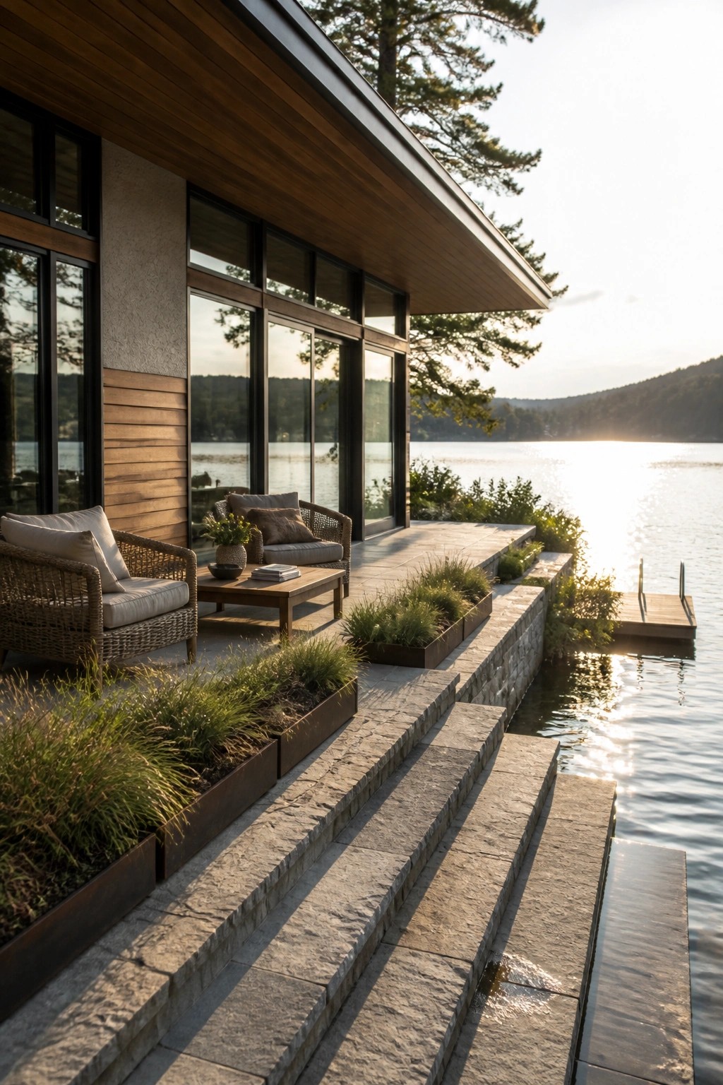 Modern house exterior with large glass doors opening to a stone patio with seating, planters, and steps leading down to a lake dock.