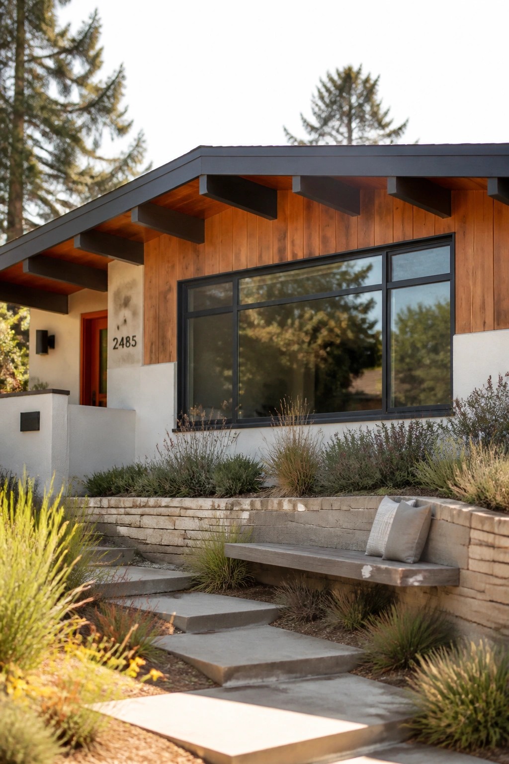 A mid-century modern house exterior with horizontal wood siding, black-framed windows, a dark roof overhang, concrete steps, and a stone retaining wall with a built-in wooden bench.