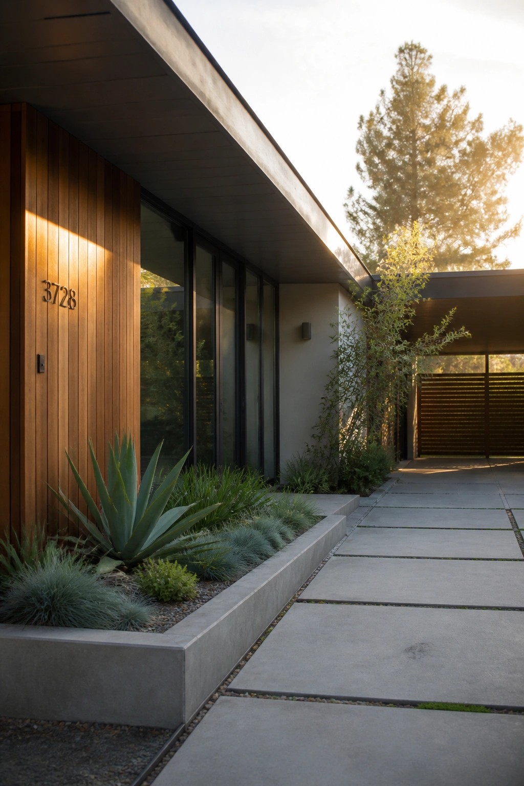 A modern house exterior featuring vertical wood siding beside a glass door marked 3728, a concrete walkway, and low concrete planters with agave and grasses.