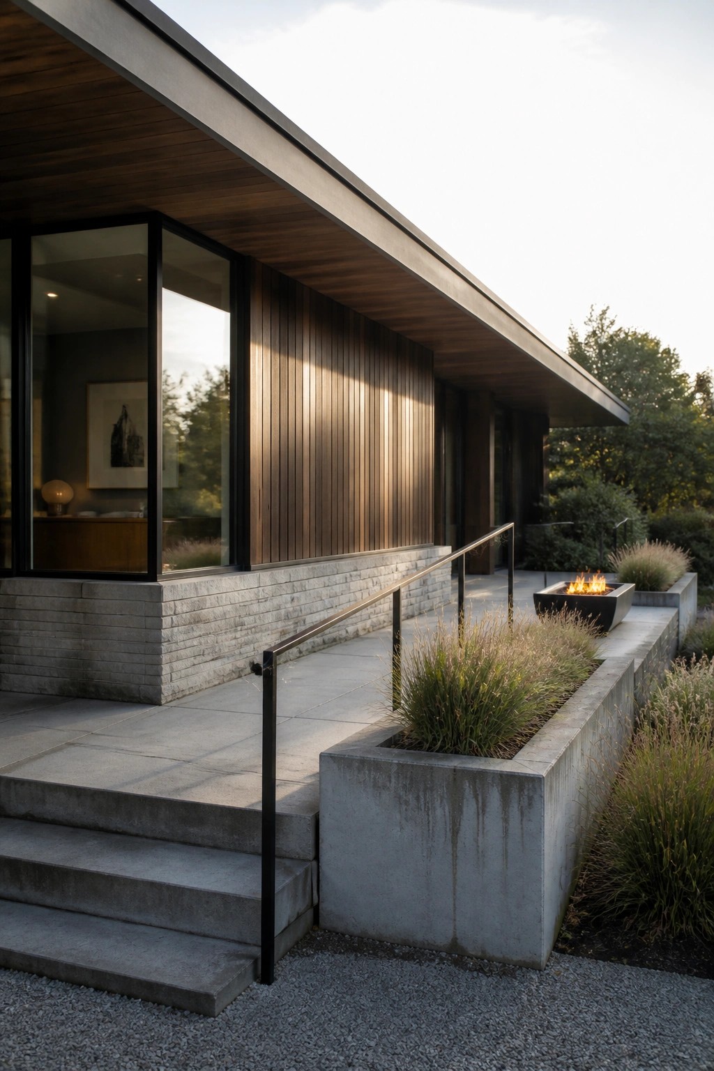 Modern house exterior featuring horizontal wood siding above a concrete base, large glass windows, concrete steps, and integrated planters with grasses and a fire pit.
