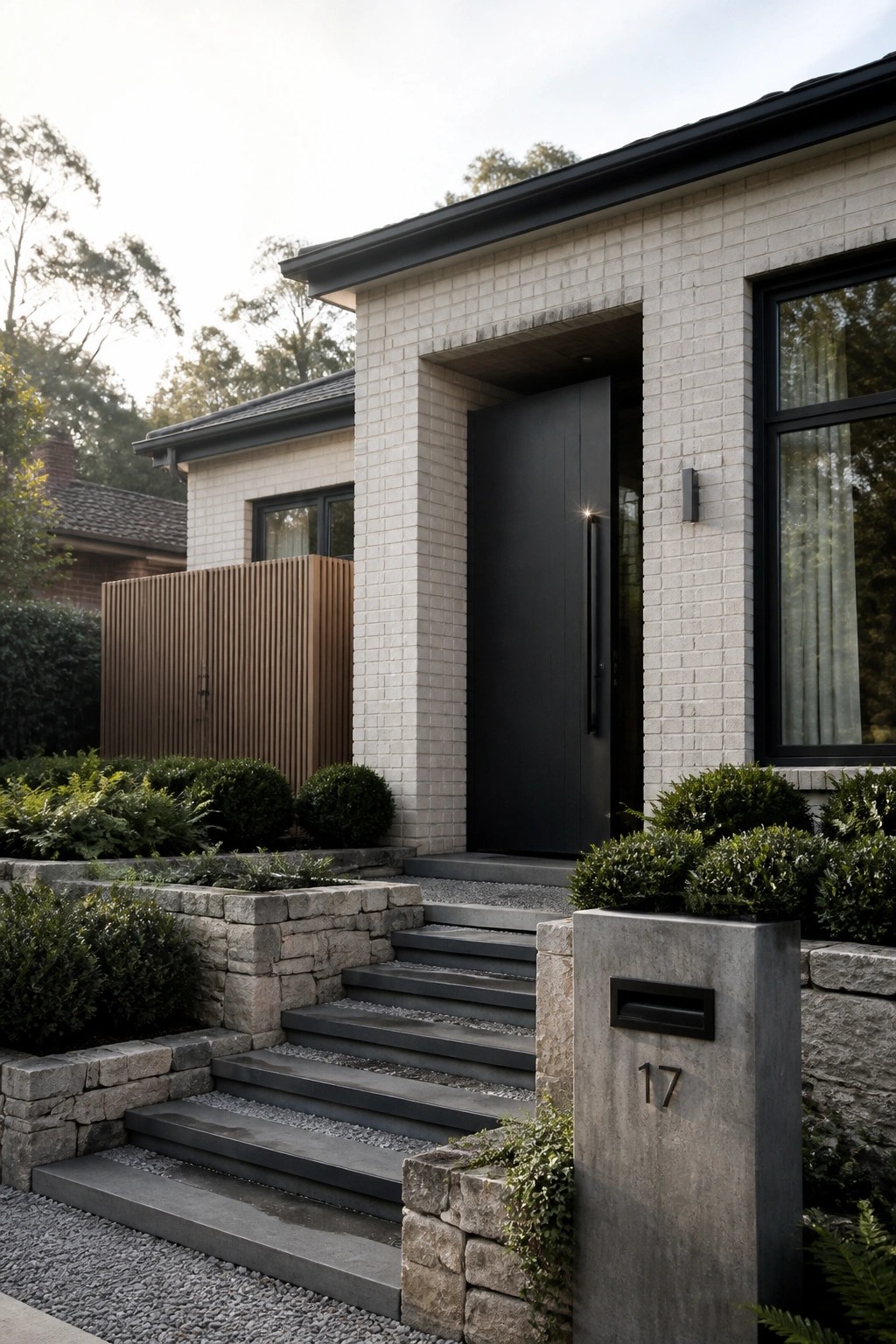 Modern white brick house with black door, stone steps, and concrete mailbox post 17.