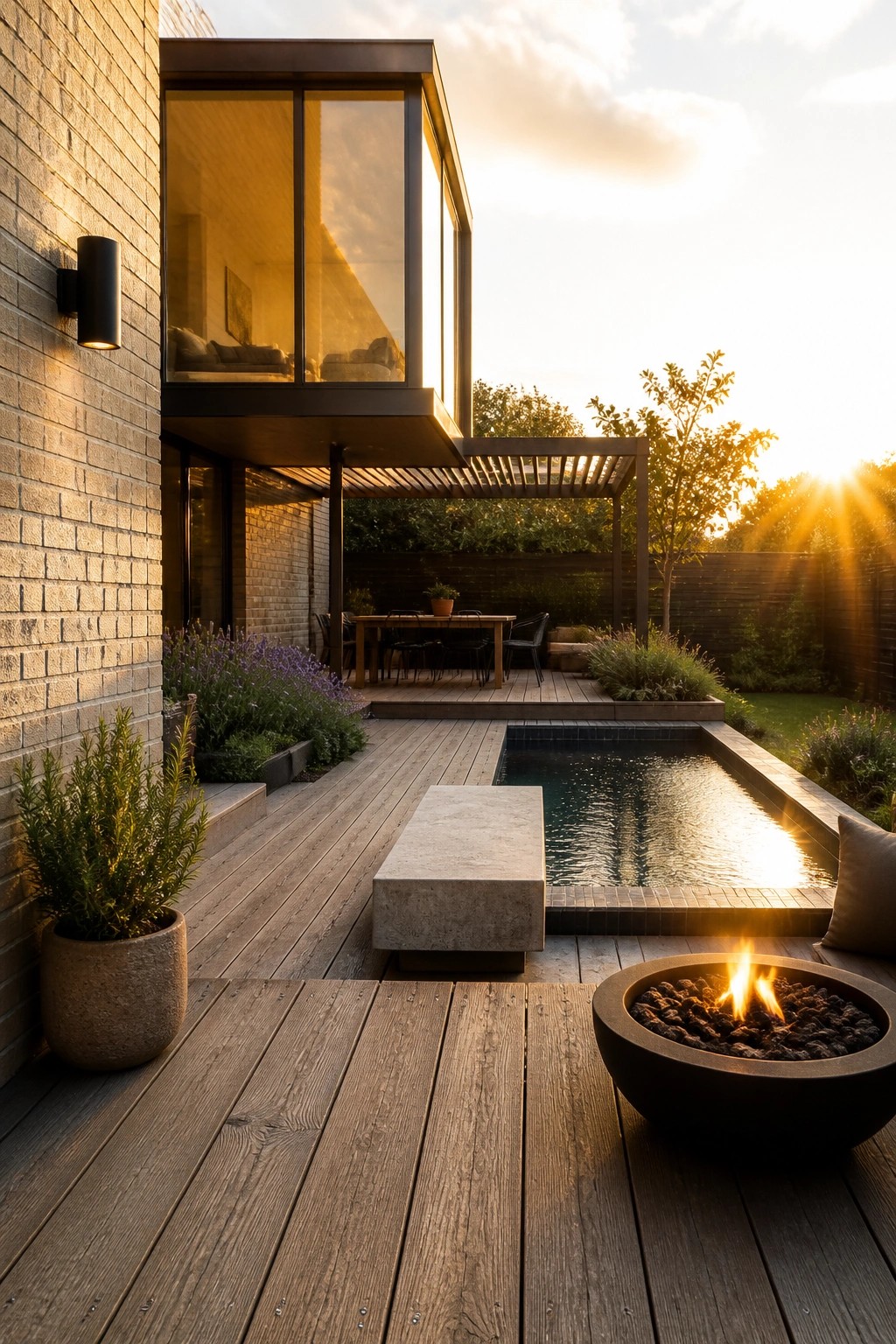 A modern brick house with large windows opens onto a wooden deck that includes a rectangular pool and a round fire pit bowl.