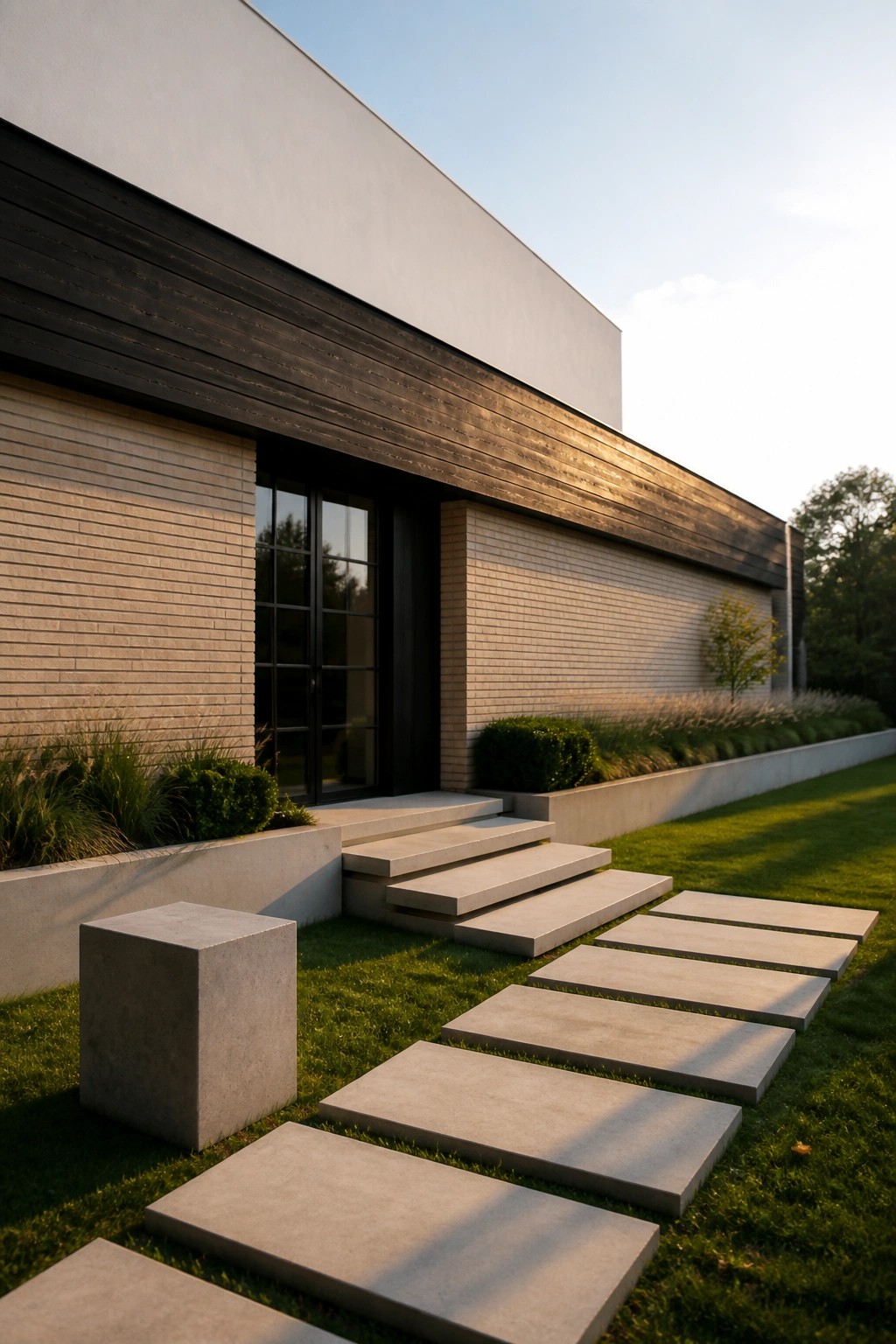 Modern house with beige brick walls, dark wood trim, concrete steps, and lawn stepping stones.
