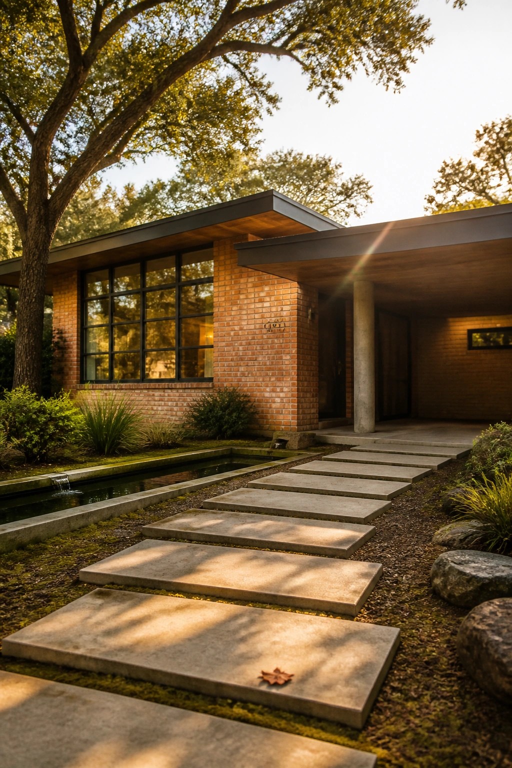 Modern single-story brick house with large black-framed windows, flat roof overhang, concrete pillar at the entrance, and rectangular stepping stones leading through a landscaped front yard.