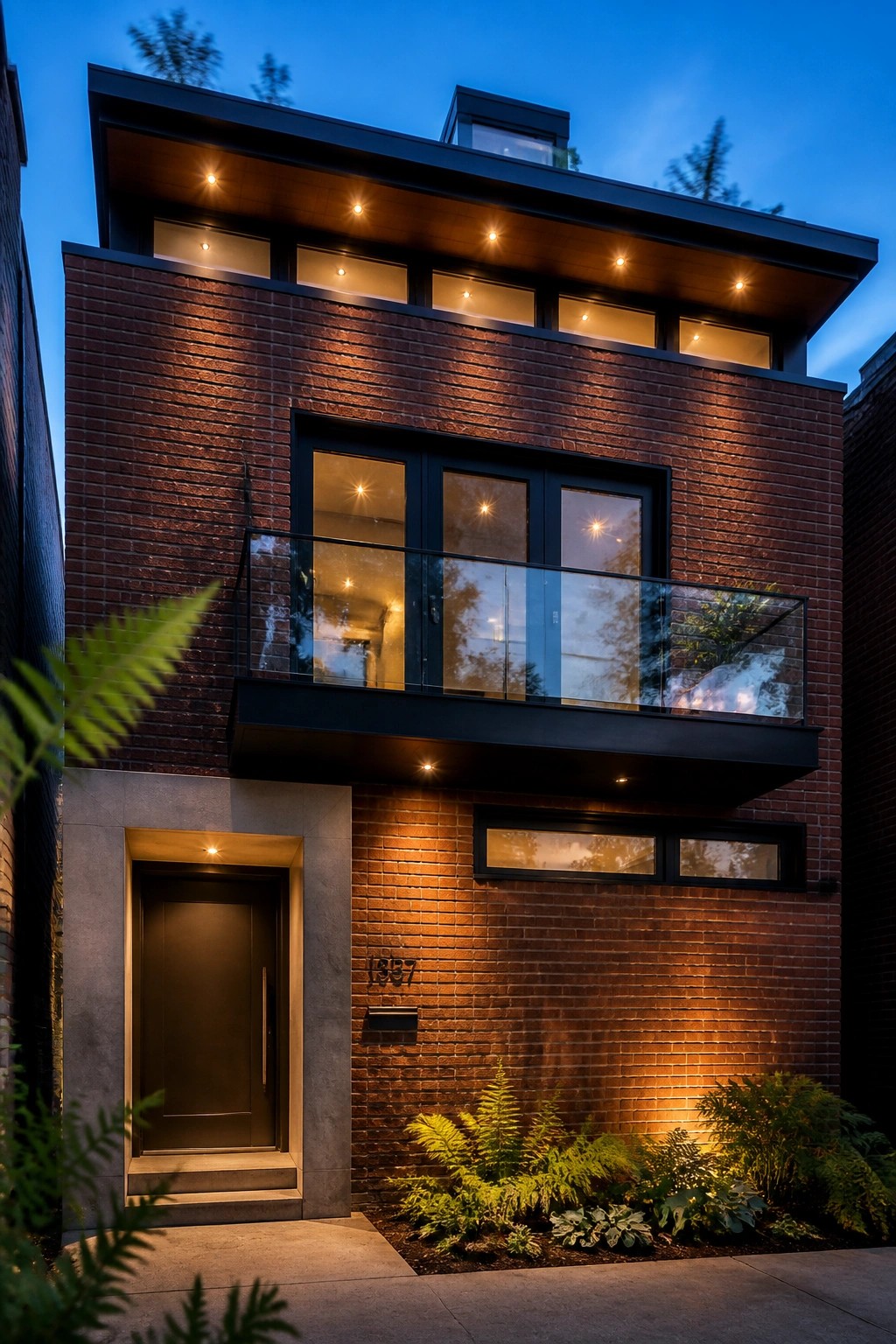 A modern two-story red brick house at dusk with black-framed windows, a cantilevered balcony with glass railing, and warm recessed lighting along the upper level and entry.
