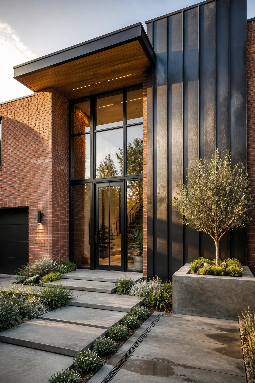 Modern brick house exterior with red brick walls, dark vertical metal panels, a tall black-framed glass entry door under a wood ceiling overhang, and concrete steps leading to the entrance.