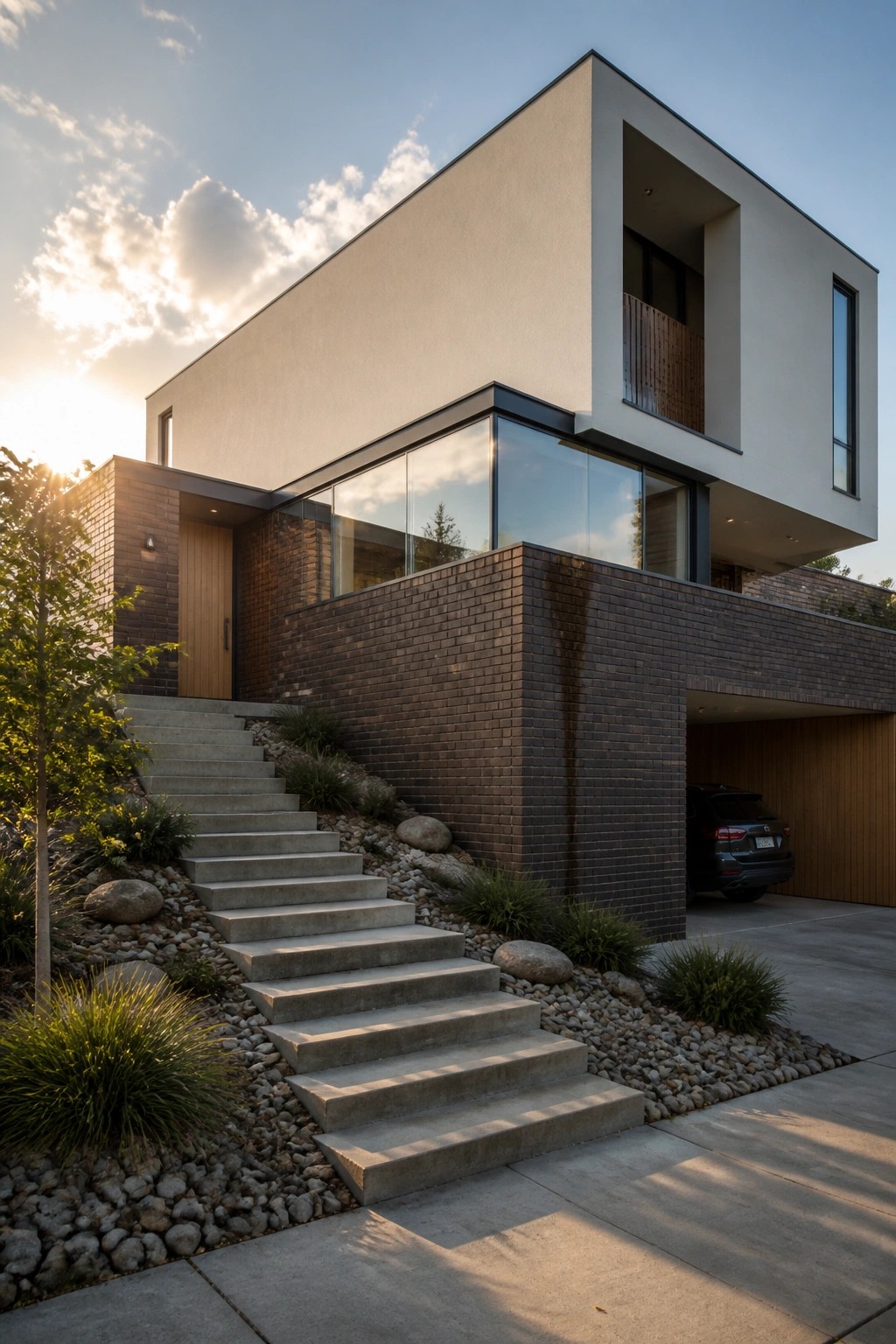A modern multi-level house with dark brick lower walls, light upper facade, large glass windows, concrete stairs leading to the entrance, and a car parked in the garage.