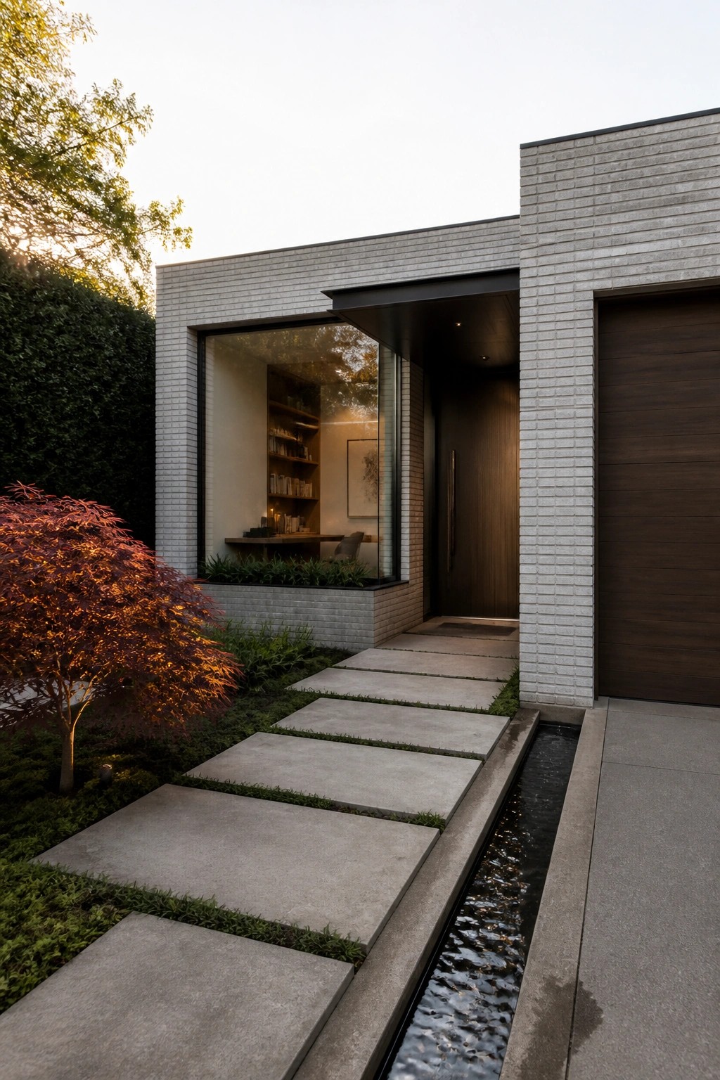 Modern light gray brick house exterior with a dark wood front door, large window revealing interior shelves, and concrete path with adjacent water channel.