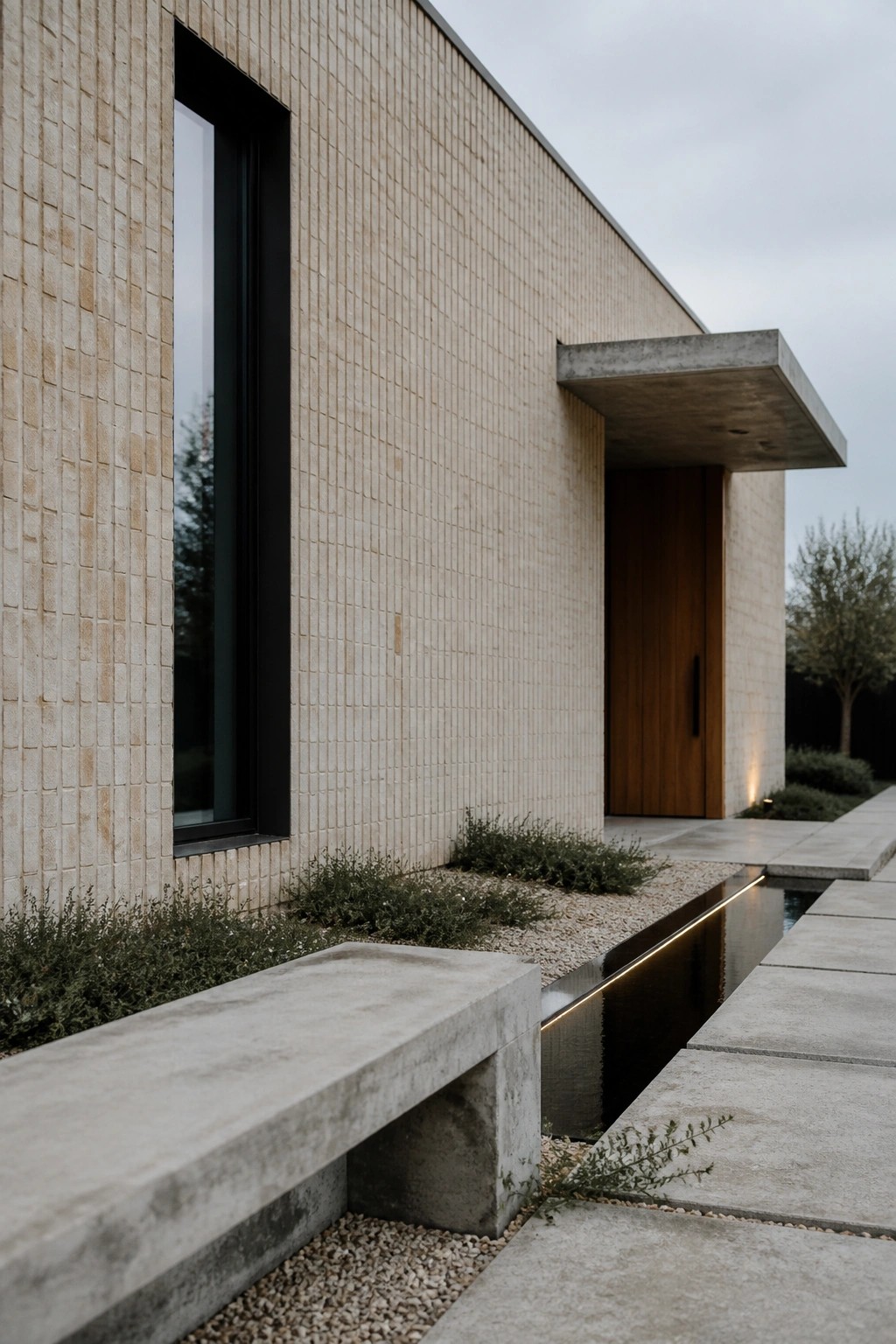 Modern beige brick building with black window, wooden door, concrete bench, and water feature.