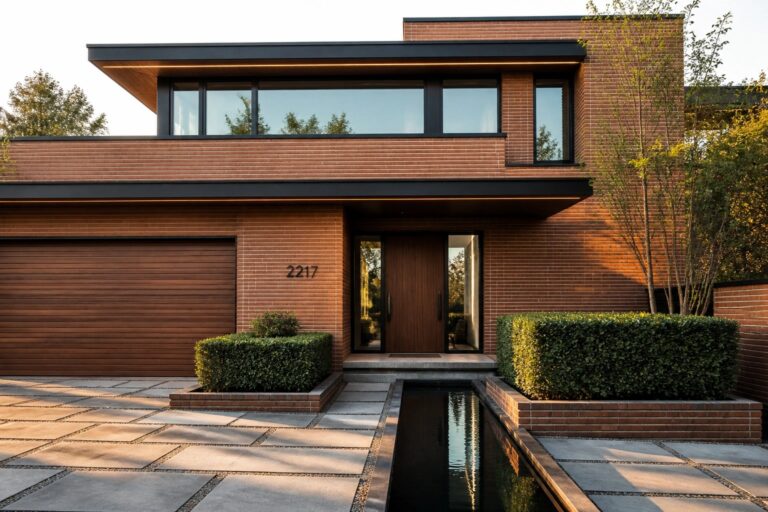 A modern red brick house exterior with a recessed wooden front door, horizontal windows, wooden garage door, and a paved walkway beside a narrow water feature.