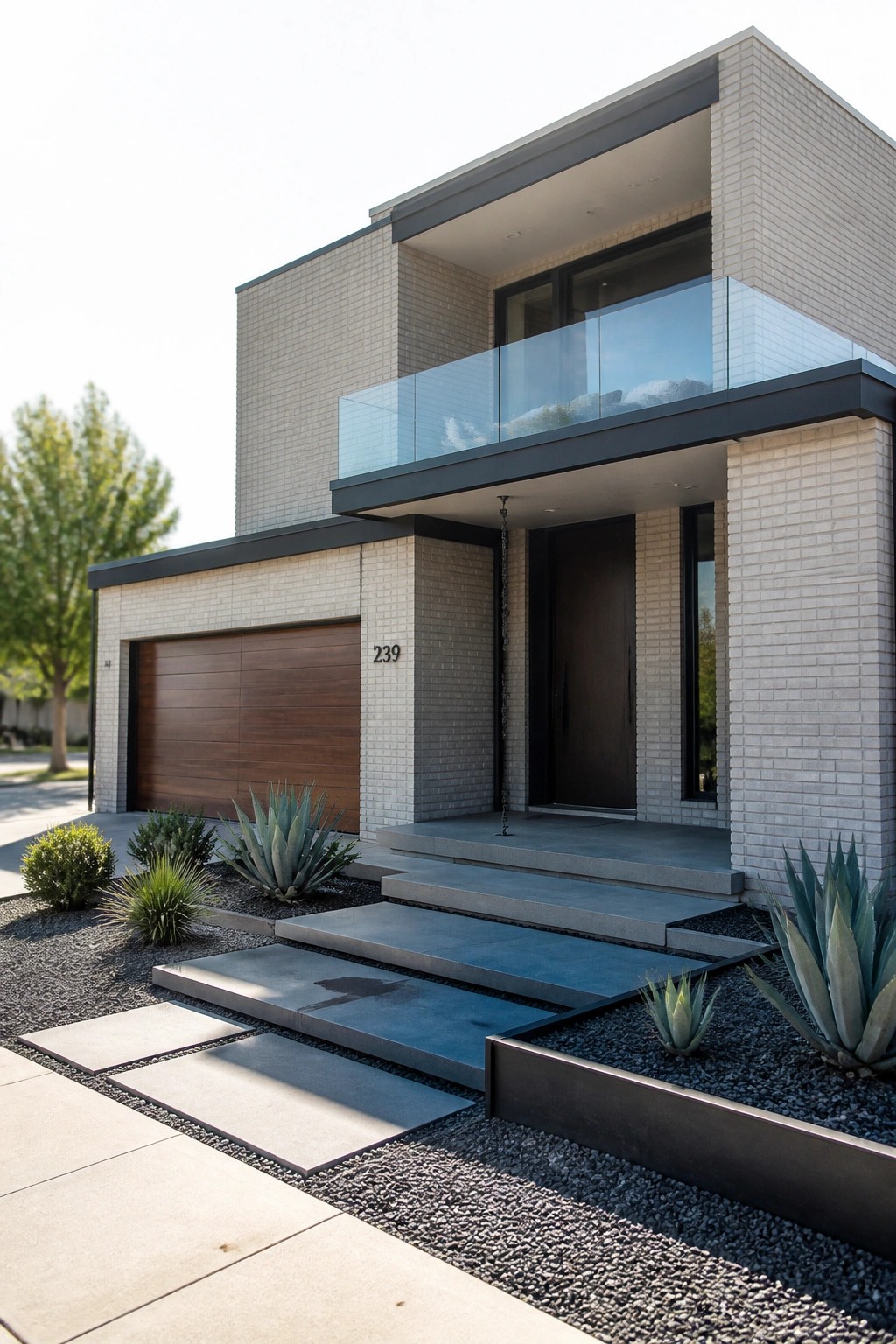 Modern two-story house with light brick exterior, dark horizontal trim, wooden garage door, dark front door, and glass balcony railing.