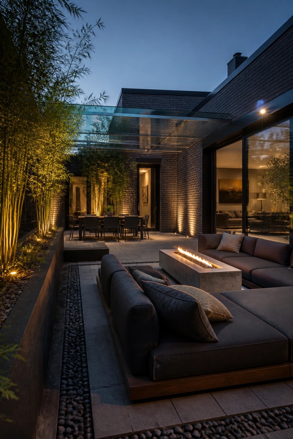 Modern outdoor patio at dusk with dark sectional seating arranged around a rectangular concrete fire pit, bamboo plants along a brick wall, and a glass roof overhead.