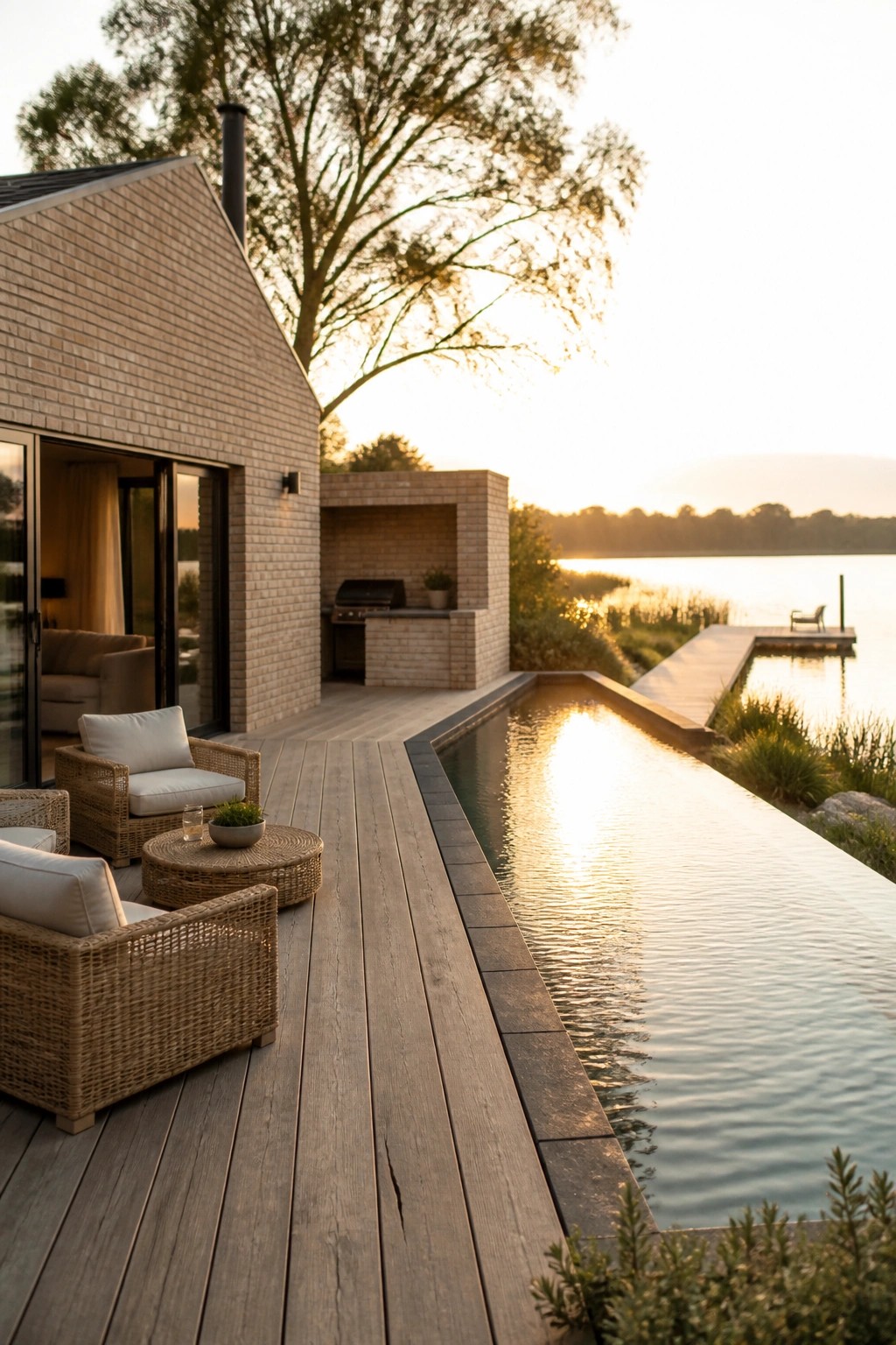 Modern brick house with wooden deck and long rectangular pool running parallel to it, outdoor kitchen visible, water view in background at sunset.