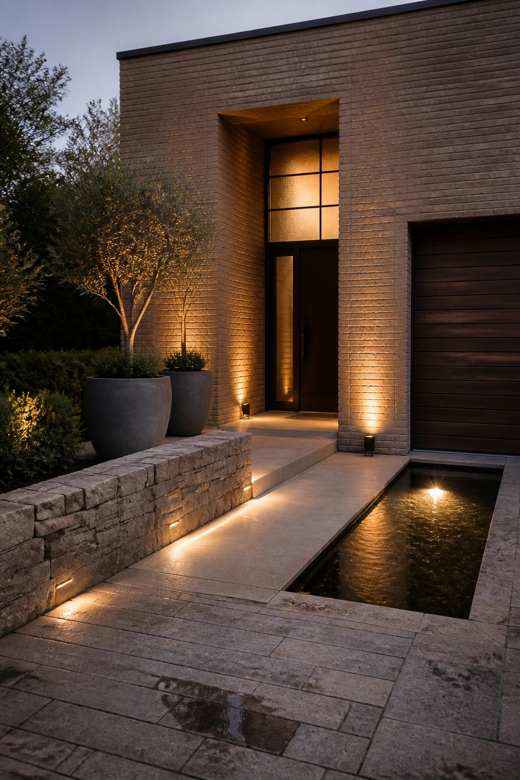 Modern brick home with glowing water feature, potted trees, and stone path at dusk