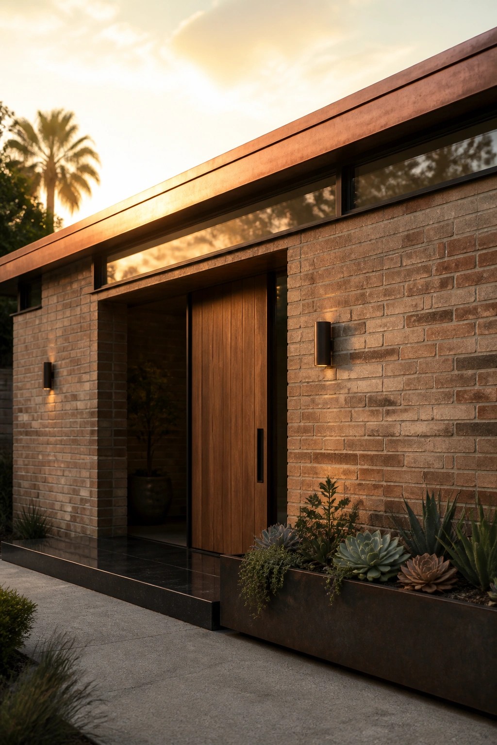 Modern brick house exterior at dusk featuring a recessed wooden door, horizontal copper metal fascia, wall sconces, and a metal planter with succulents along the base.