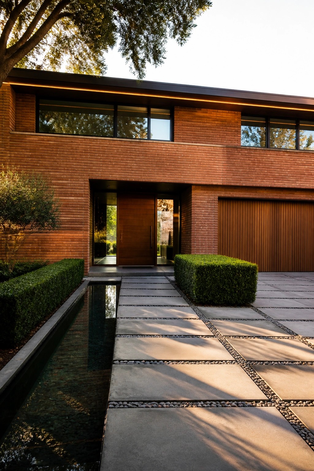A modern red brick house exterior with a recessed wooden front door, horizontal windows, wooden garage door, and a paved walkway beside a narrow water feature.