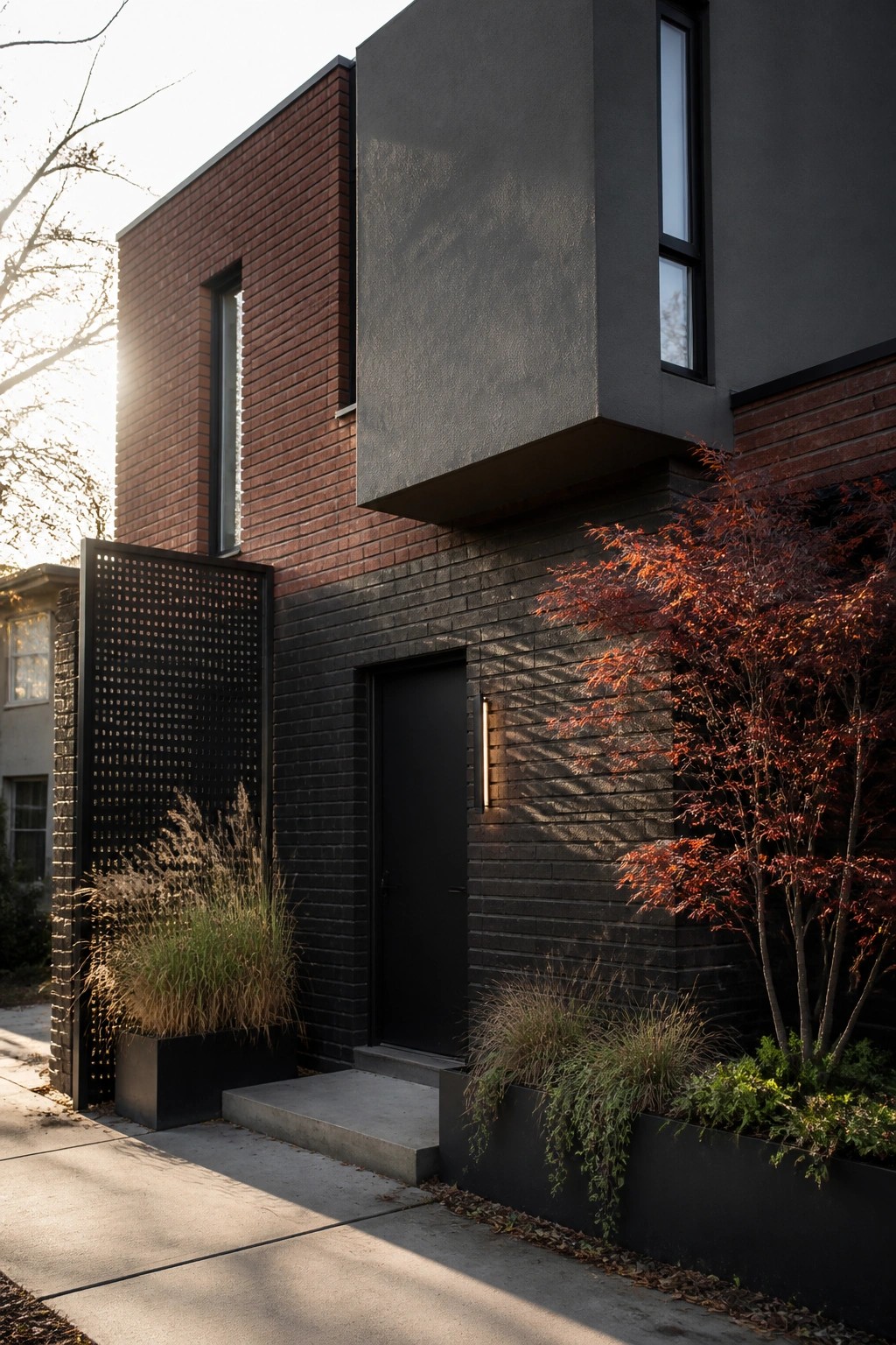 A modern two-story house exterior shows red brick on the upper section and dark brick below, with a black door, vertical windows, a cantilevered dark volume, and black planters beside a perforated metal screen.