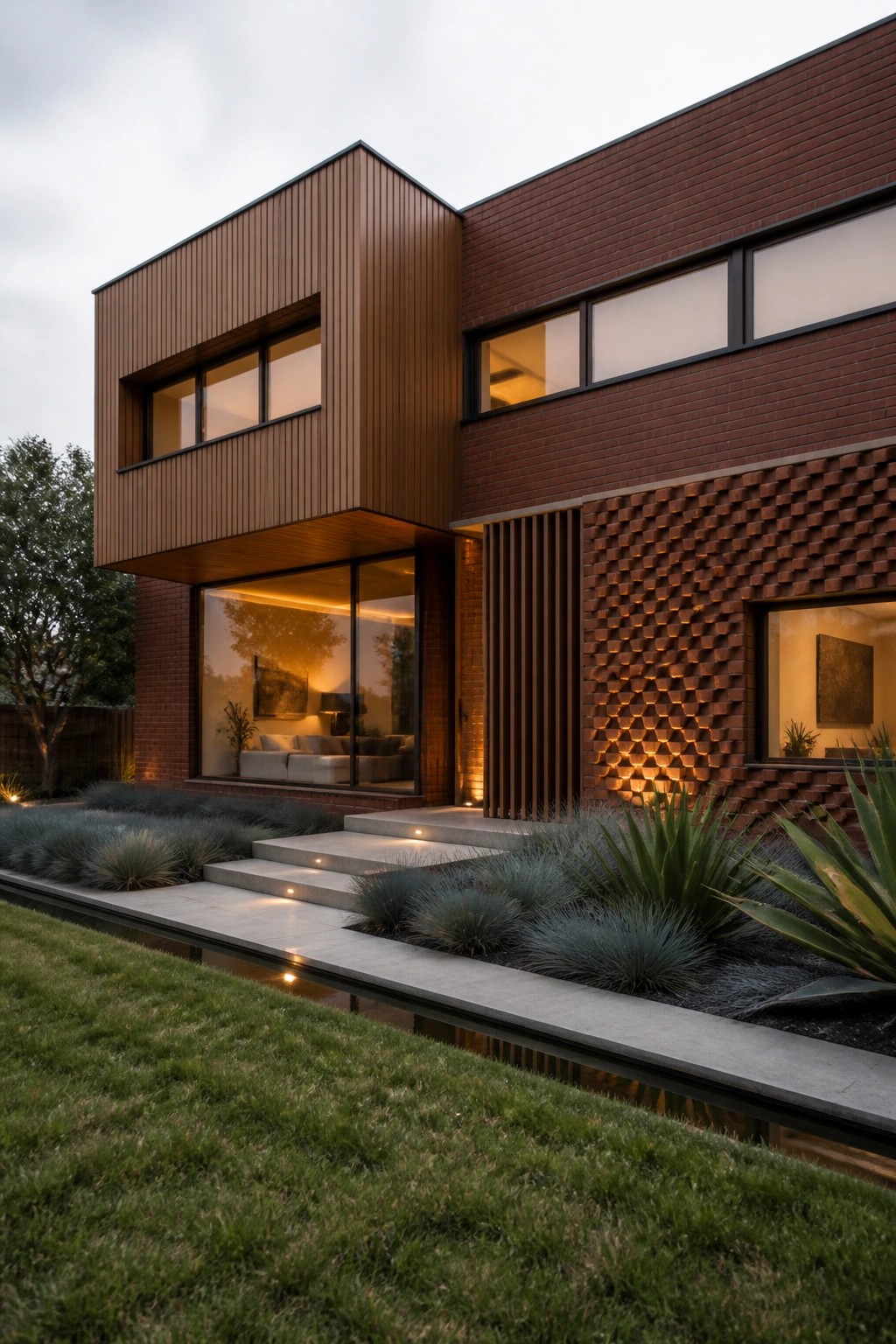 A modern brick house exterior with a projecting wood-clad volume, large windows, recessed lighting, and concrete steps leading to the entrance.