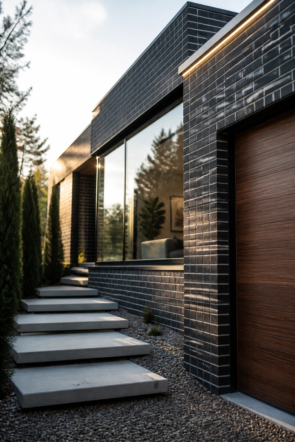 Modern dark brick home with large windows, wooden garage door, and concrete steps.