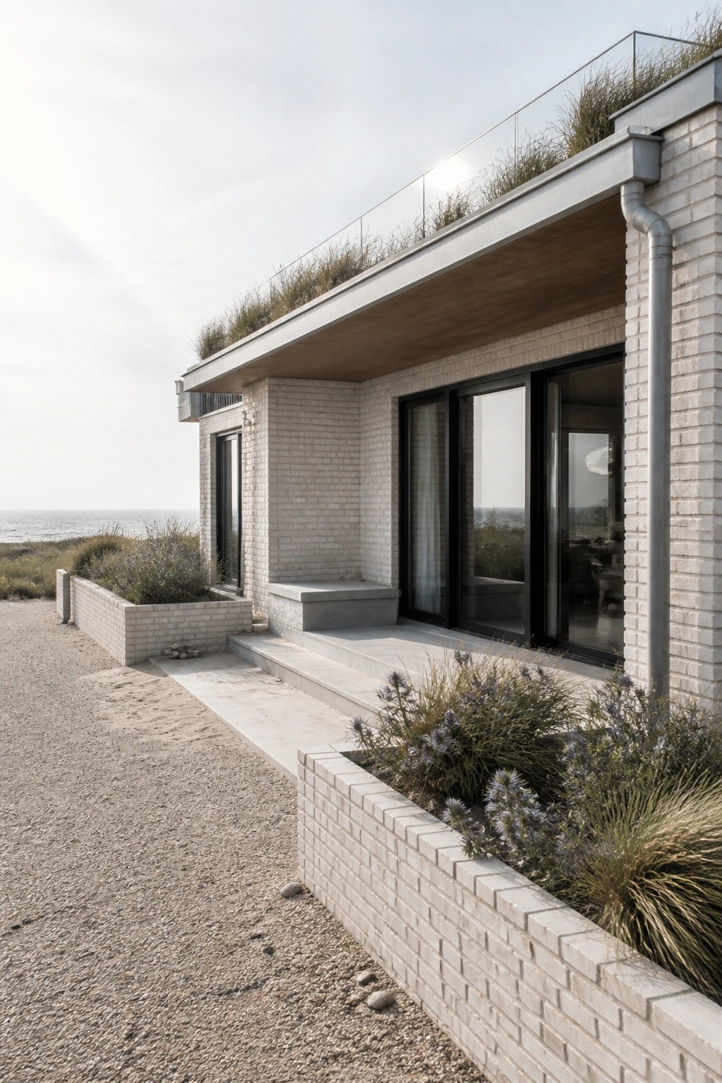 A modern single-story white brick house with a green roof, large black-framed sliding doors, and concrete steps leading to a gravel path beside the ocean.
