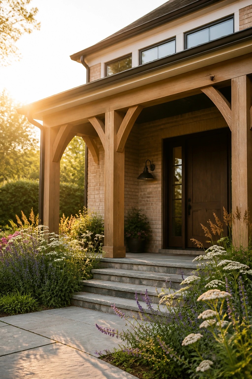 A front view of a brick house with a wooden porch supported by thick beams and arches, stone steps leading to a dark wooden door, and plants along the walkway.