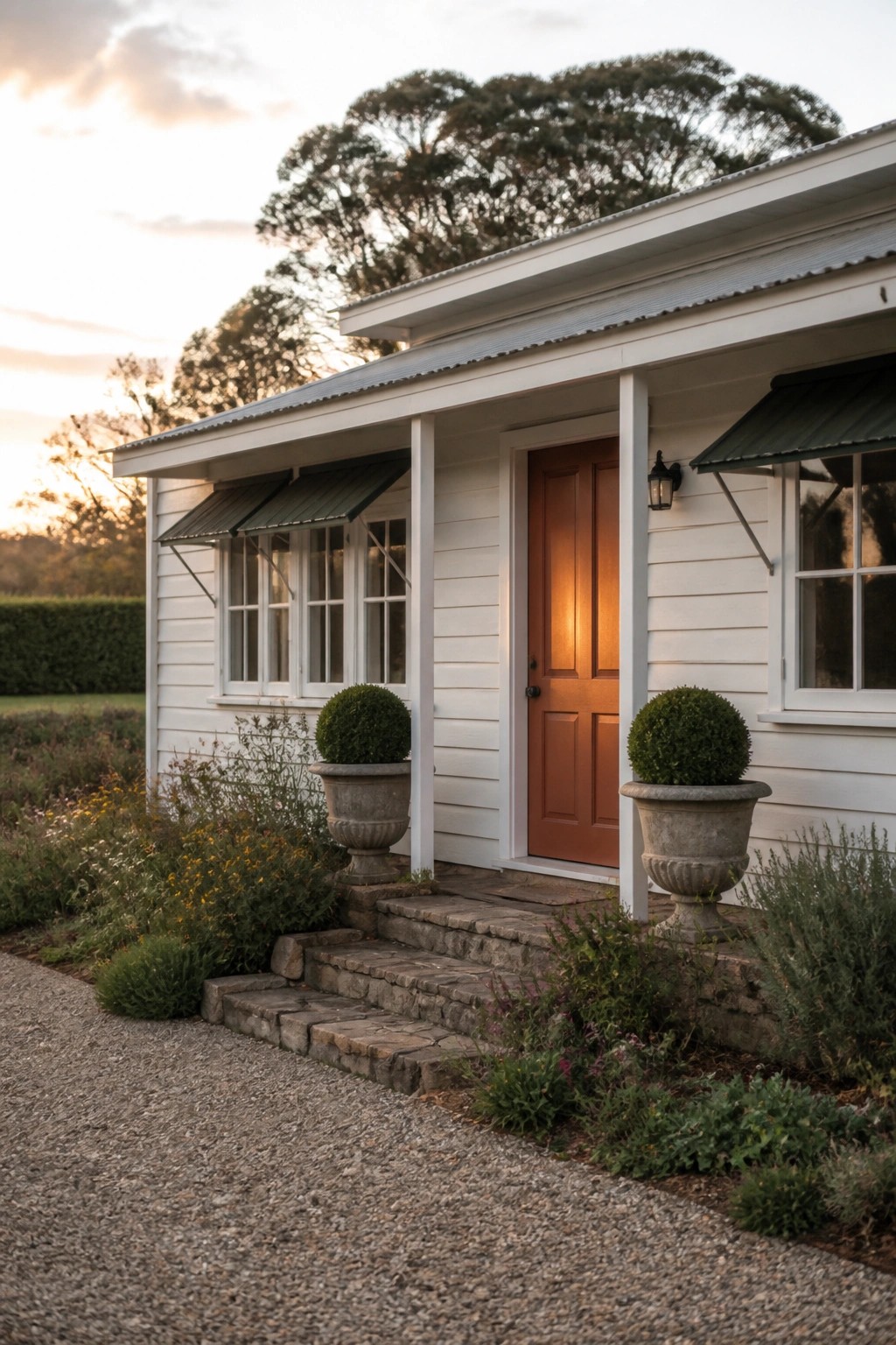 White farmhouse exterior with brown wood front door, stone steps, and two potted shrubs flanking the entry.