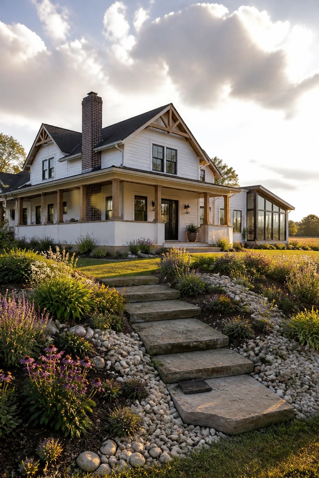 A white modern farmhouse exterior with a covered front porch supported by wooden columns, black window frames, a brick chimney, and stone steps leading through a landscaped yard.