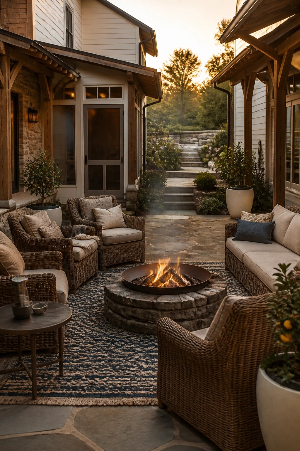 Outdoor patio with woven seating arranged around a circular stone fire pit on a patterned rug beside a house with wood and stone siding.