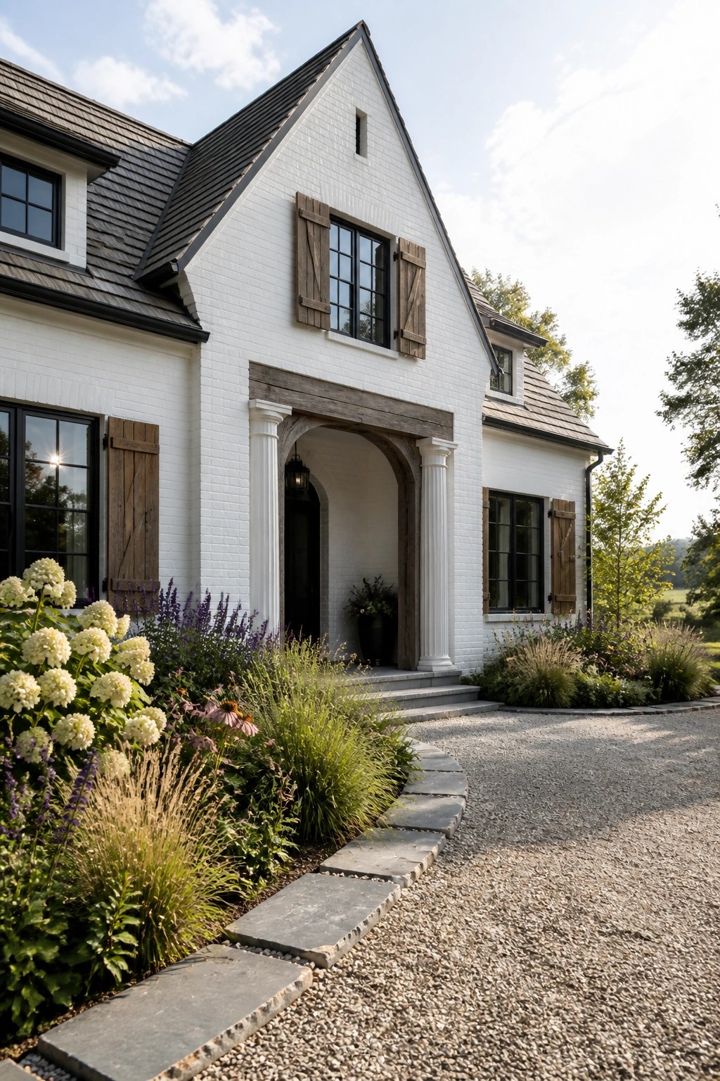White brick house with a central arched entry framed by wooden beams and white columns, wooden shutters on the windows, and a stone pathway leading to the door.