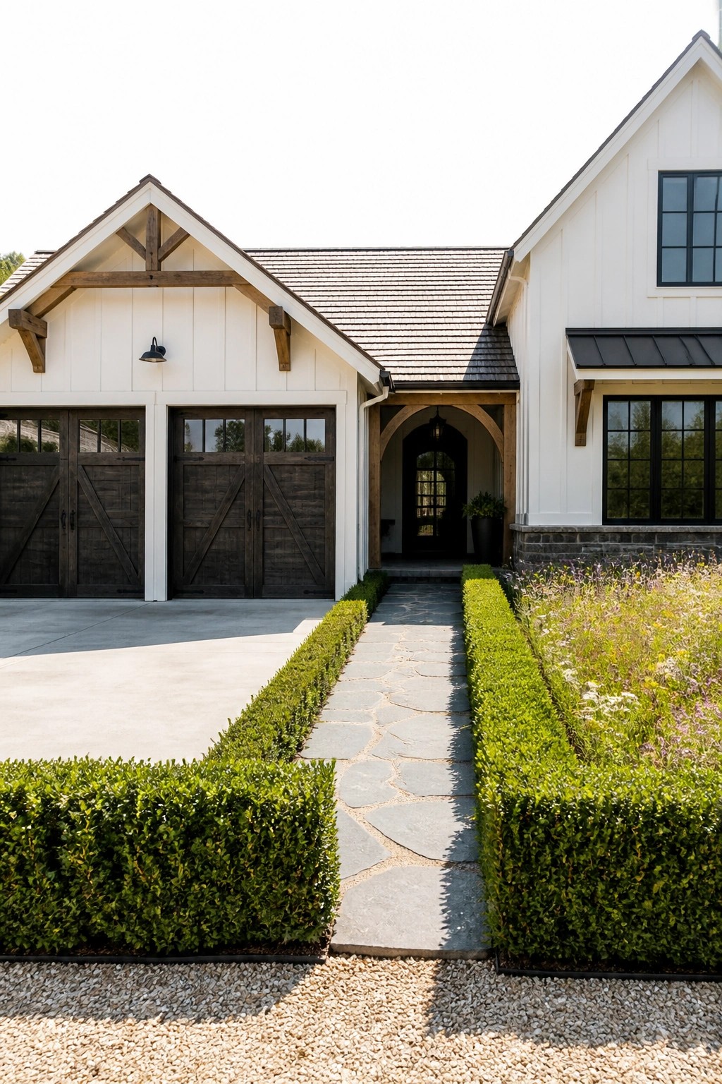 A front view of a modern farmhouse with white siding, dark wood garage doors, and a central arched entryway with wood trim leading to the front door, bordered by boxwood hedges and a stone path.