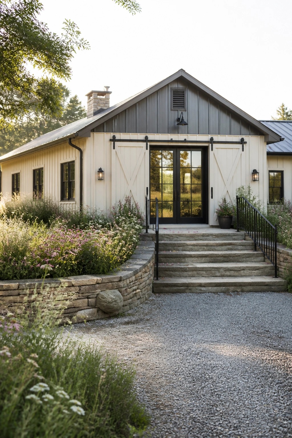 A modern farmhouse exterior with cream siding, a dark metal roof, white sliding barn doors flanking a central black-framed glass door, and stone steps leading to the entrance.