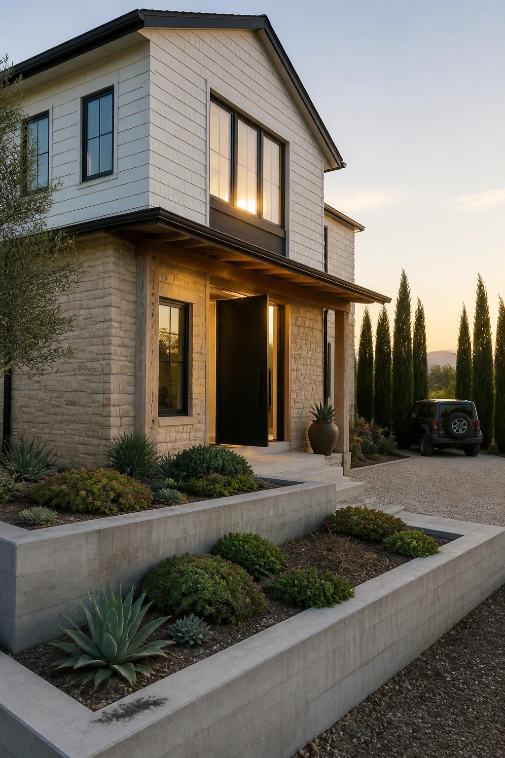 A modern farmhouse exterior with light stone, white siding, wood beams, and a prominent black front door set within concrete landscaping beds.