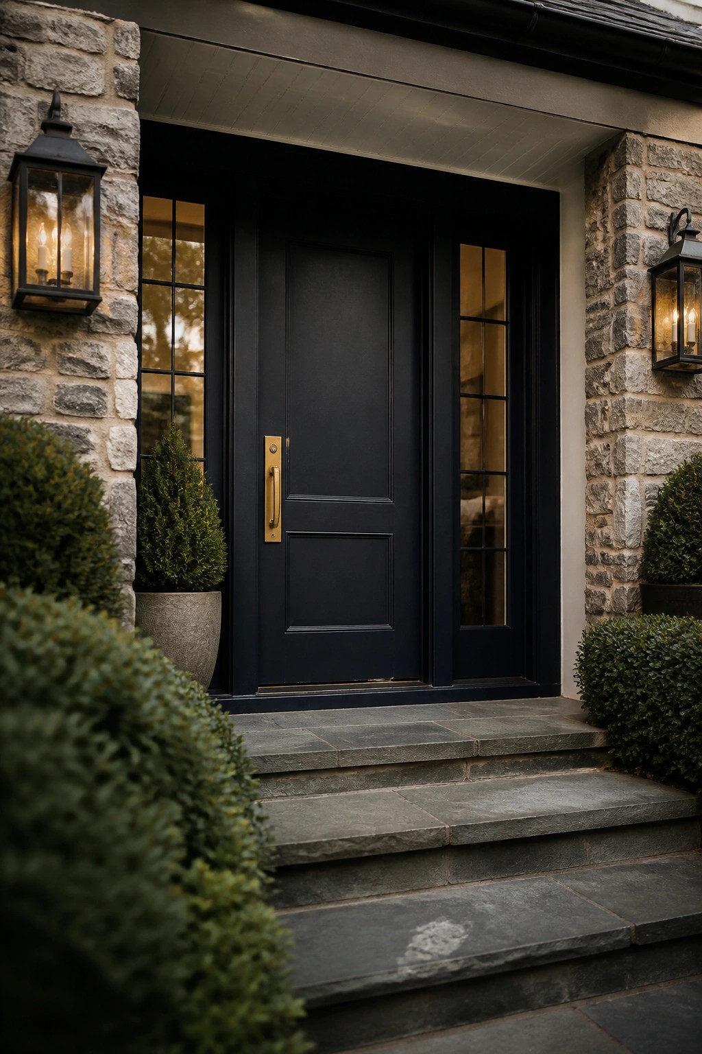A black front door with brass hardware centered in a stone facade, flanked by two lanterns and leading up stone steps.