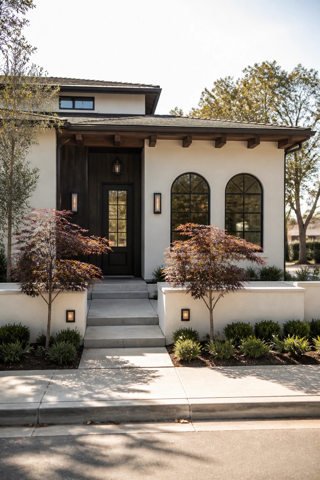 Modern white house with dark door, arched windows, and red-leafed trees.