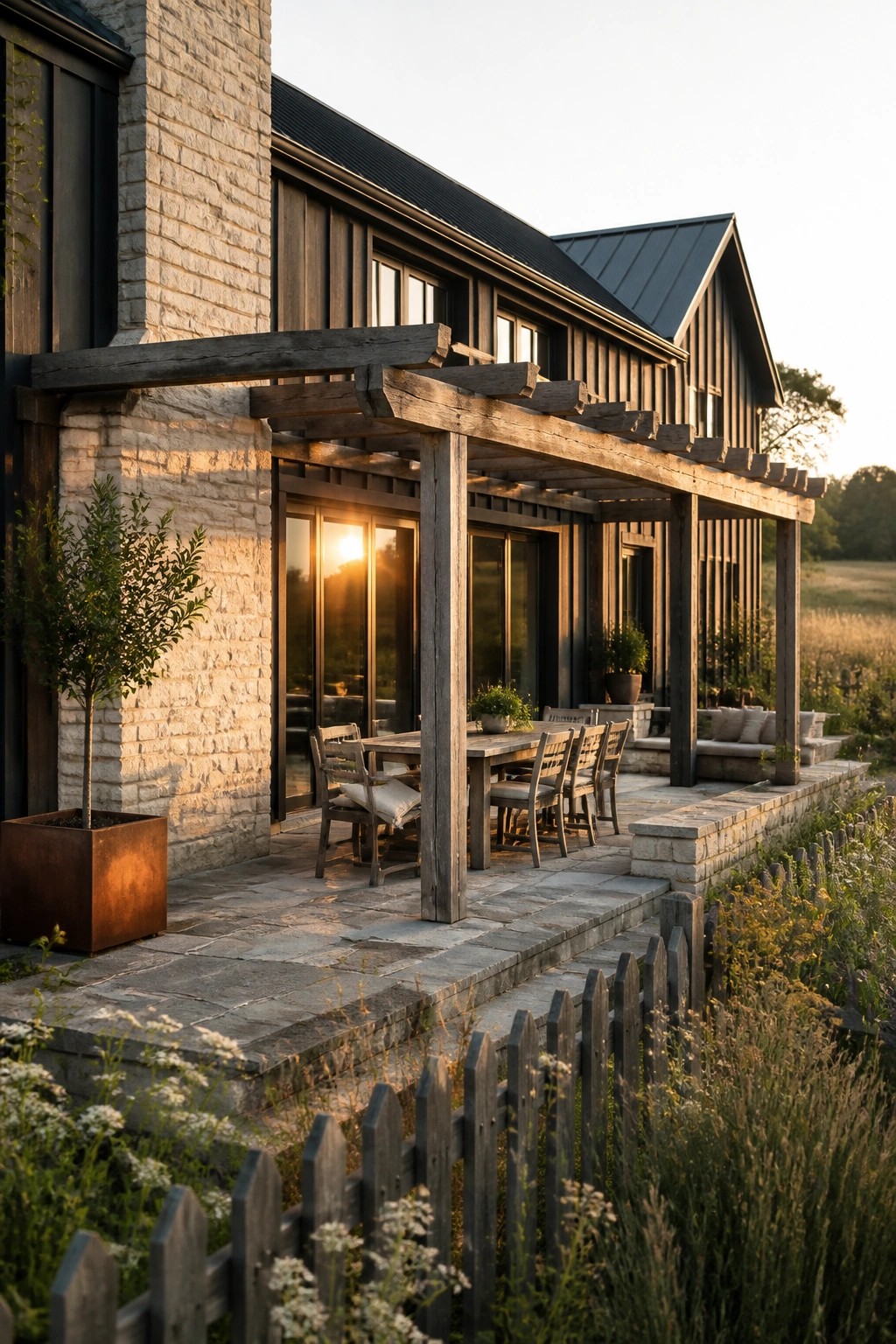 A modern farmhouse exterior featuring stone and dark wood siding with a large wooden pergola covering a stone patio that includes a dining table and chairs.