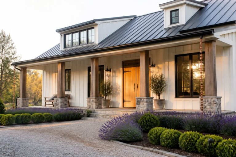 Front view of a white modern farmhouse with a covered porch, wooden columns resting on stone bases, double wood doors, and a gravel walkway.