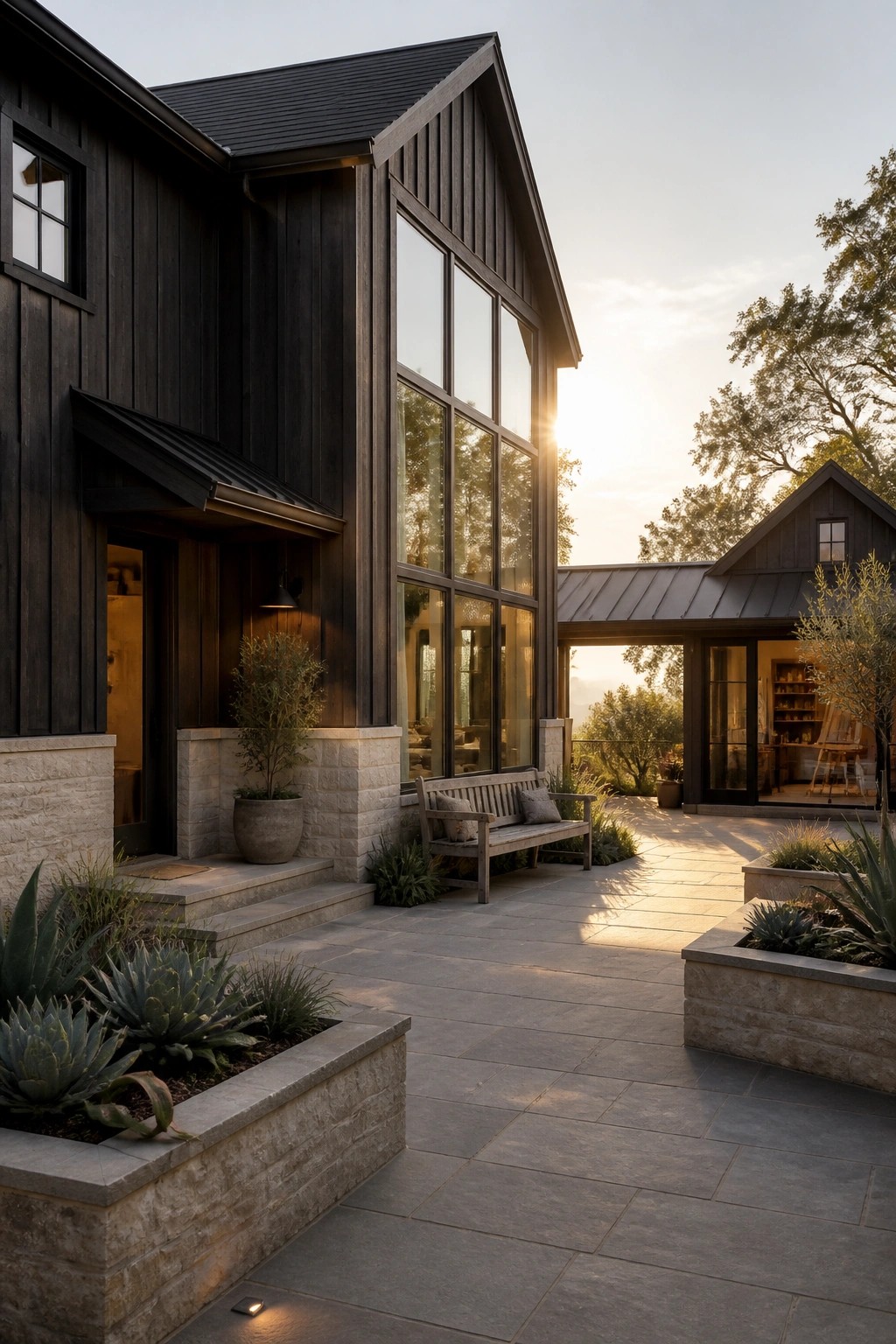 A modern farmhouse with dark wood siding, a tall multi-paned gable window wall, stone foundation, and a paved courtyard with a wooden bench.
