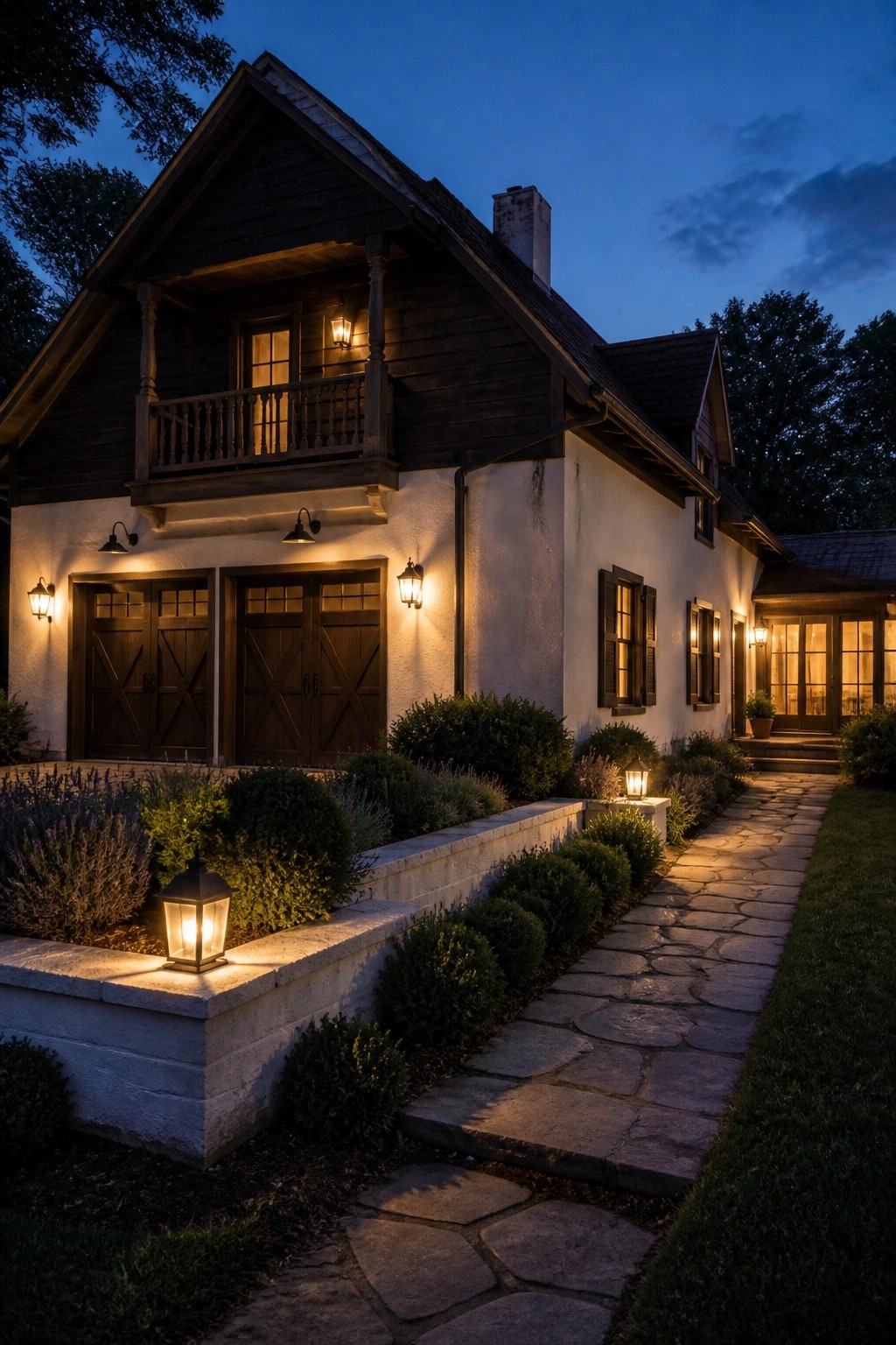 Twilight-lit rustic house with glowing lanterns, stone path, and lush garden.